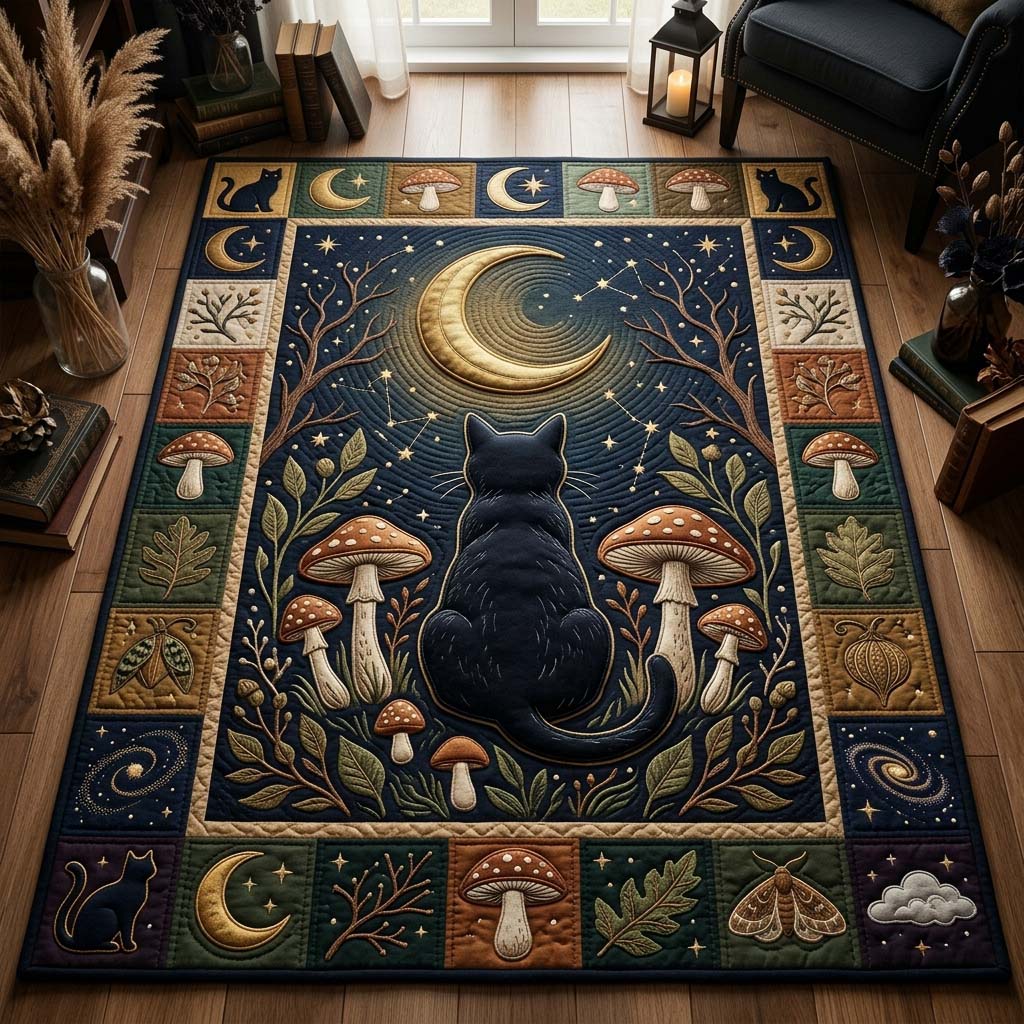 Moonlit Black Cat area rug in a living room