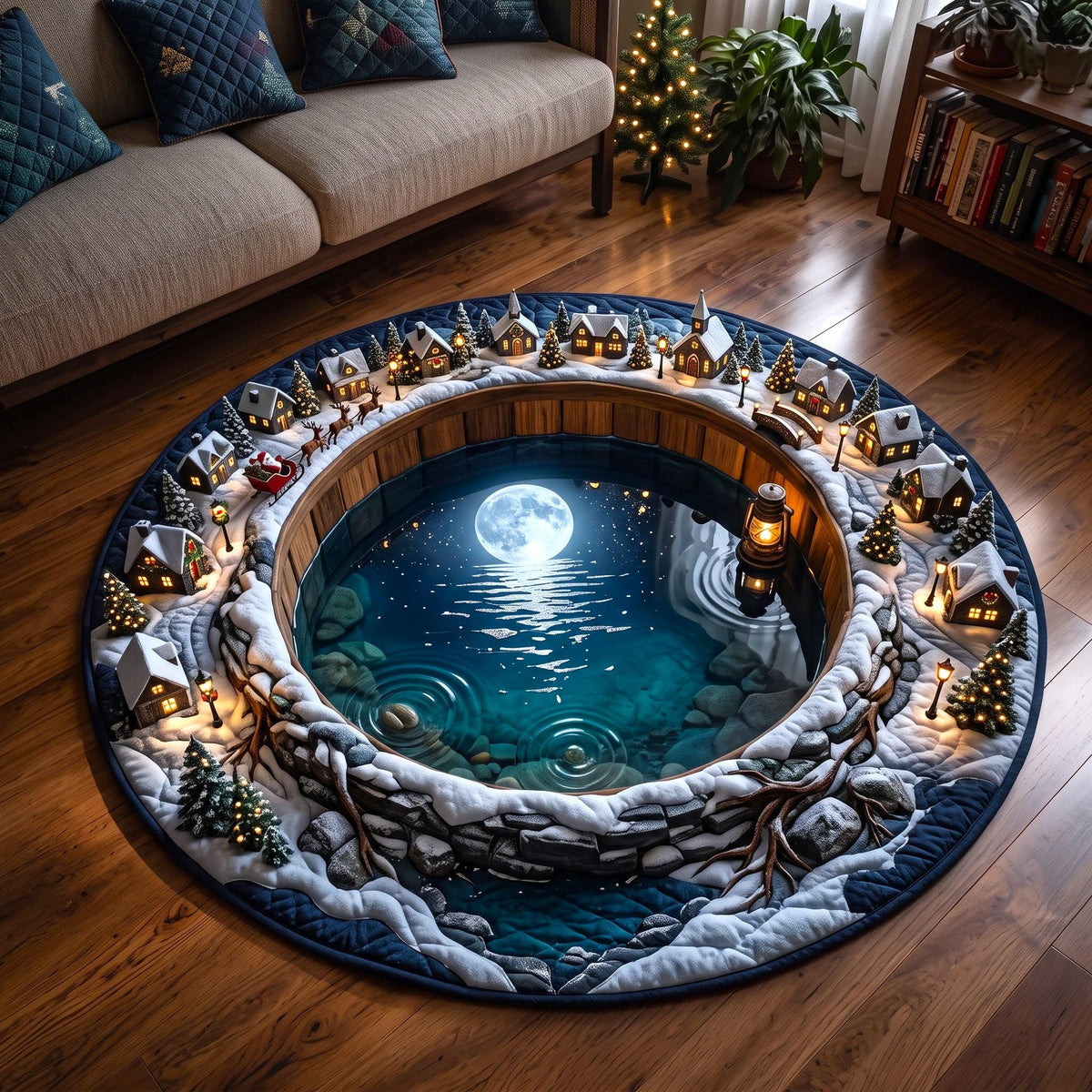Moonlit Christmas Round Mat Rug - Seasonal Design | Festive Home Decor - washable non-slip printed rug