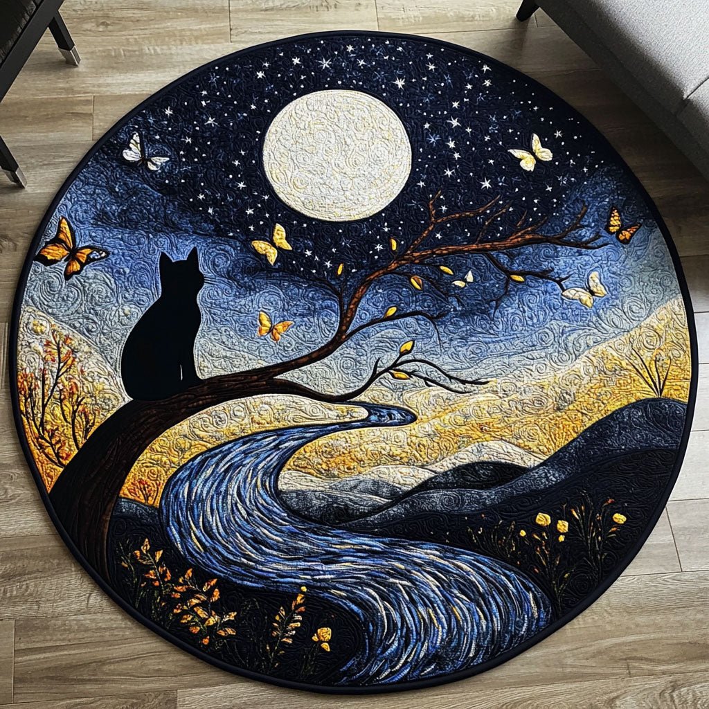 Moonlit Feline Round Mat Rug - washable non-slip printed rug