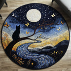 Moonlit Feline Round Mat Rug - washable non-slip printed rug