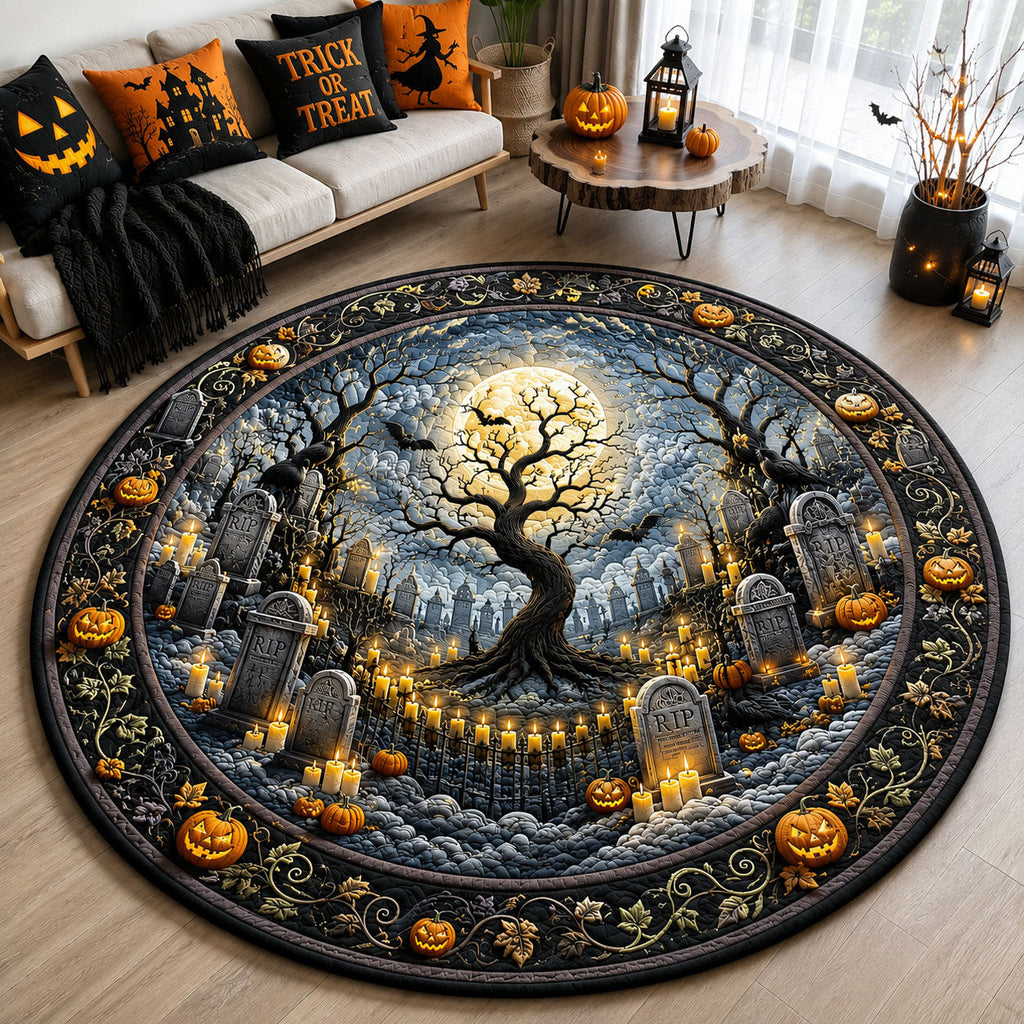 Moonlit Graveyard Round Mat Rug - Nature Design | Serene Home Decor - washable non-slip printed rug