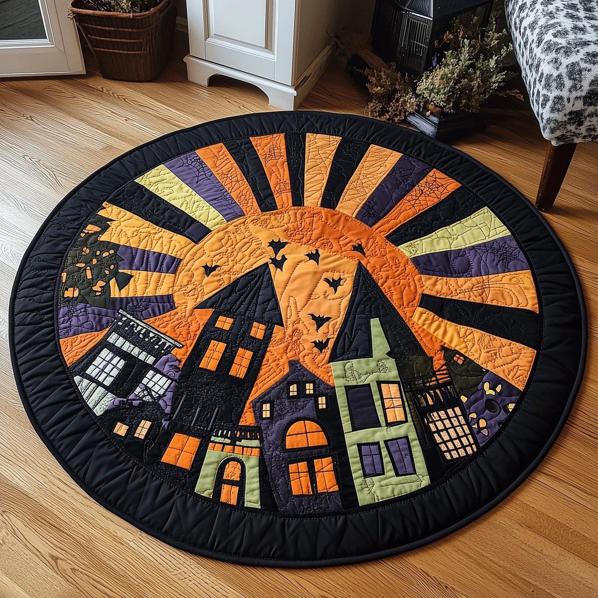 Moonlit Haunted Town Round Mat Rug - washable non-slip printed rug