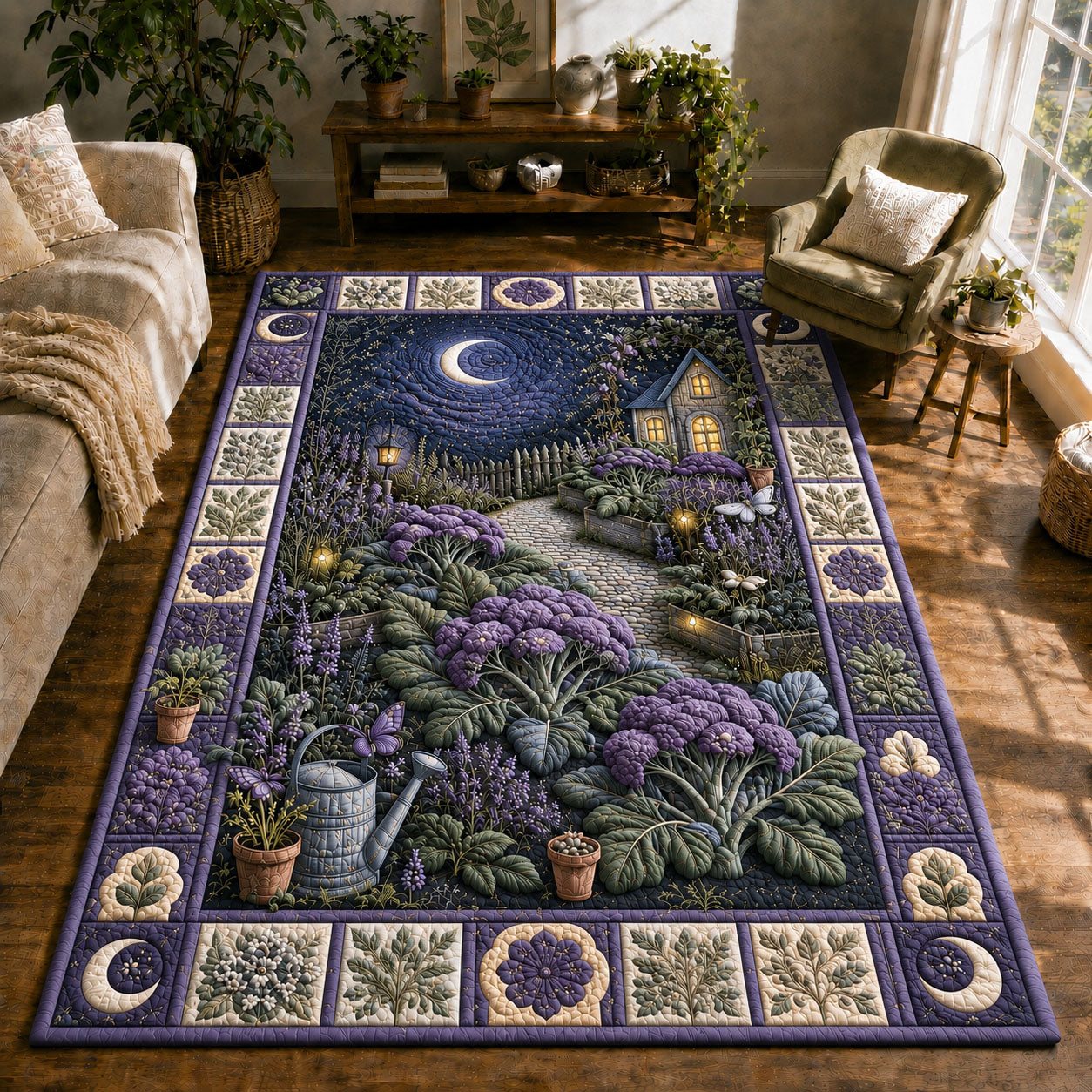 Moonlit Lavender Cottage Garden area rug in a living room