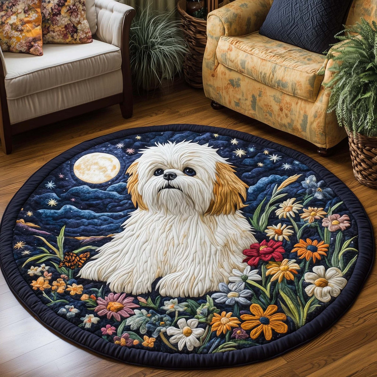 Moonlit Shi Tzu Round Mat Rug - washable non-slip printed rug