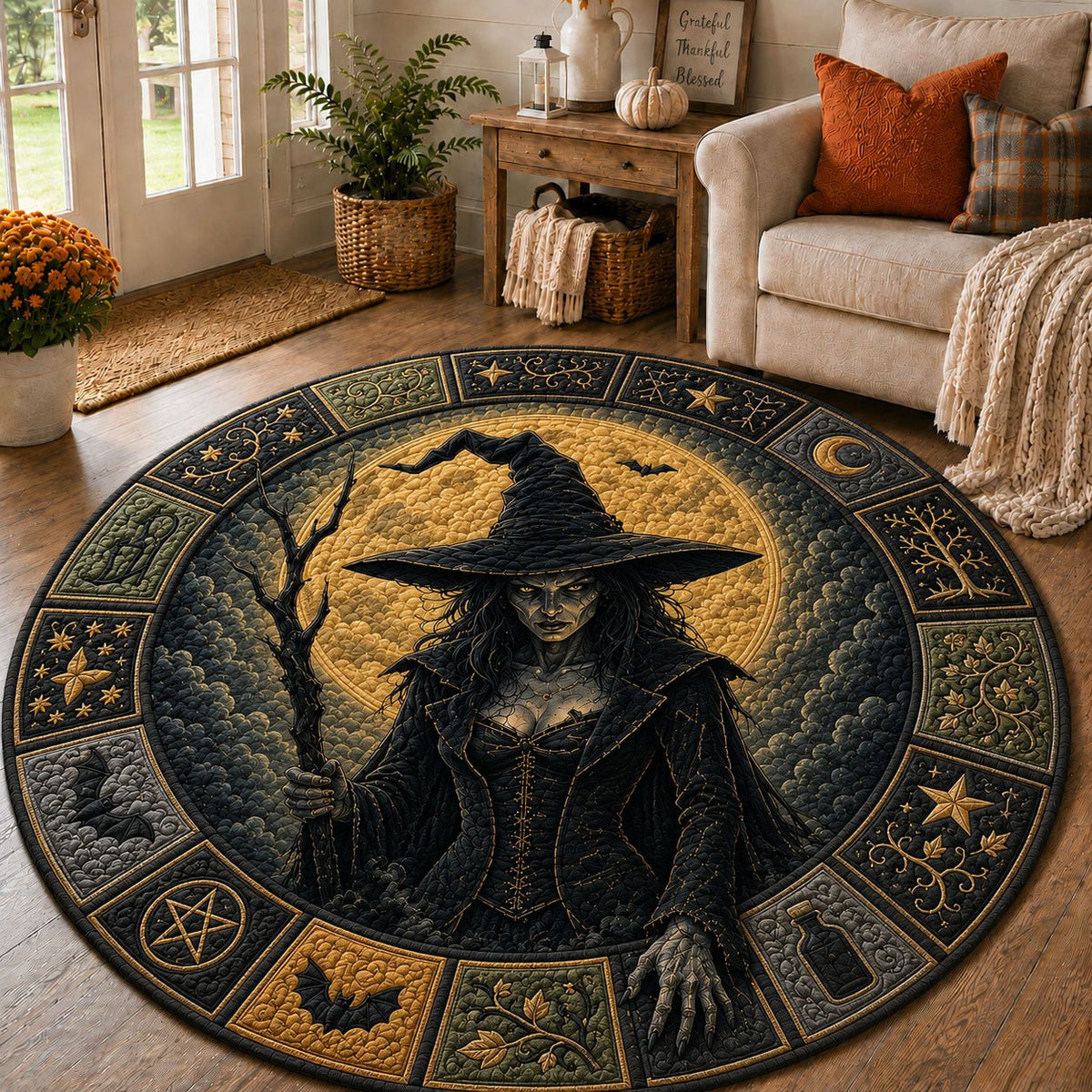 Moonlit Witch Enchantress Halloween Round Mat Rug - washable non-slip printed rug