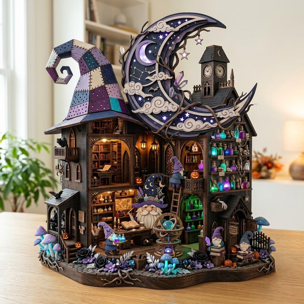 Moonlit Witch Gnome wooden block, laser-cut 3-layer wood