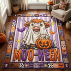 Mooween Pumpkin Cow area rug in a living room