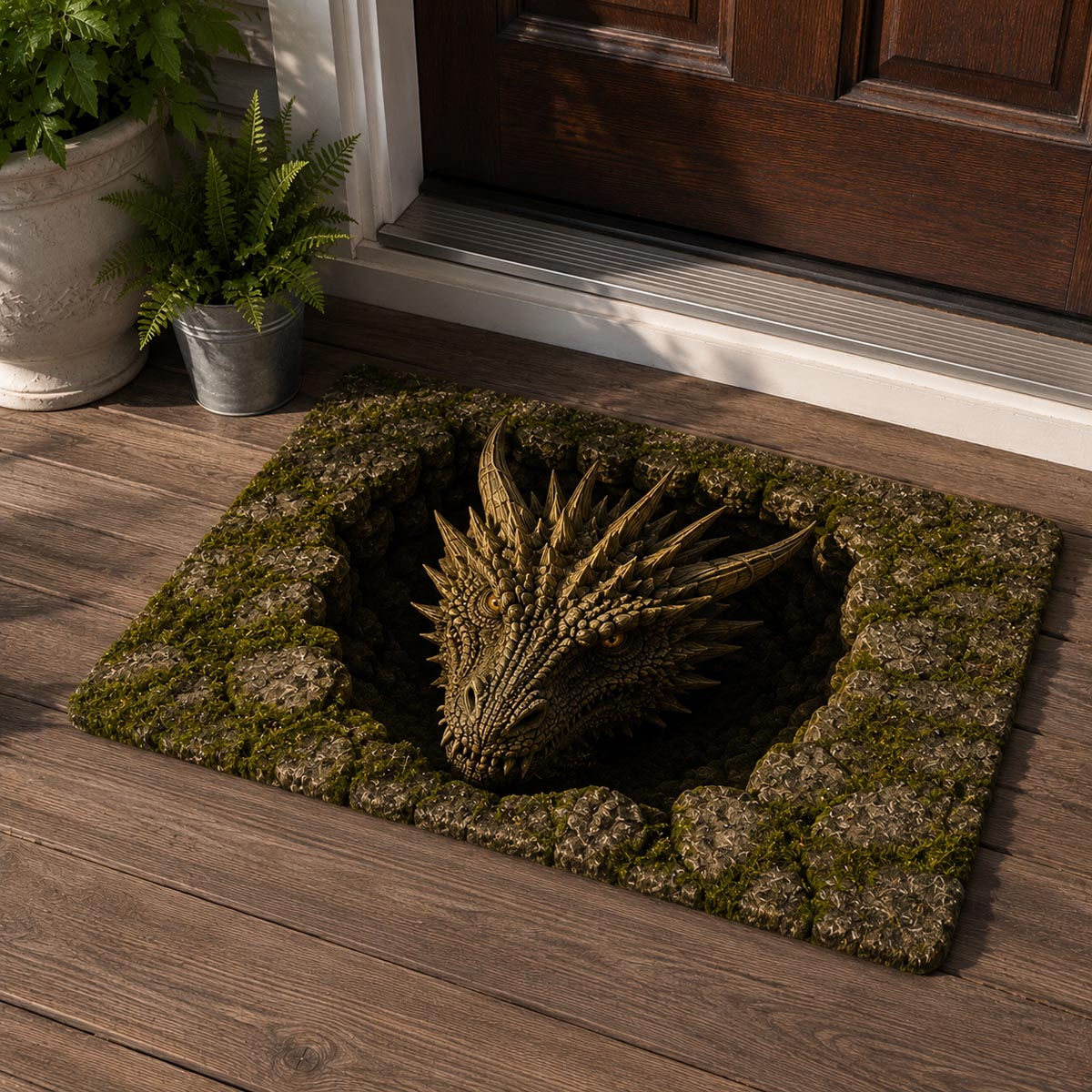 Moss Dragon Doormat - Cute Animal Design | Printed Welcome Doormat - washable non-slip printed rug