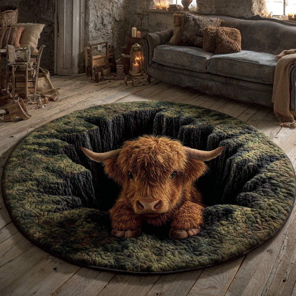 Moss Highland Cow Round Mat Rug - washable non-slip printed rug