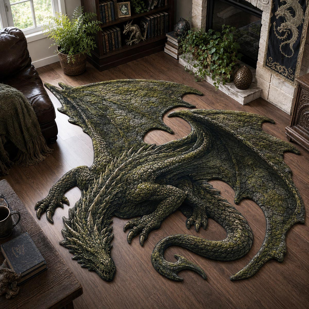 Mossbound Dragon Custom Shape Area Rug - Cute Animal Design | Die-Cut Non-Slip Rug - washable non-slip printed rug