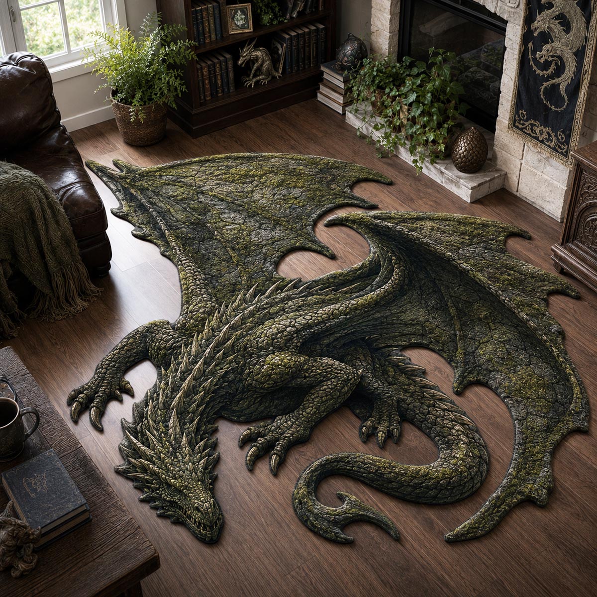 Mossbound Dragon Custom Shape Area Rug - Cute Animal Design | Die-Cut Non-Slip Rug - washable non-slip printed rug