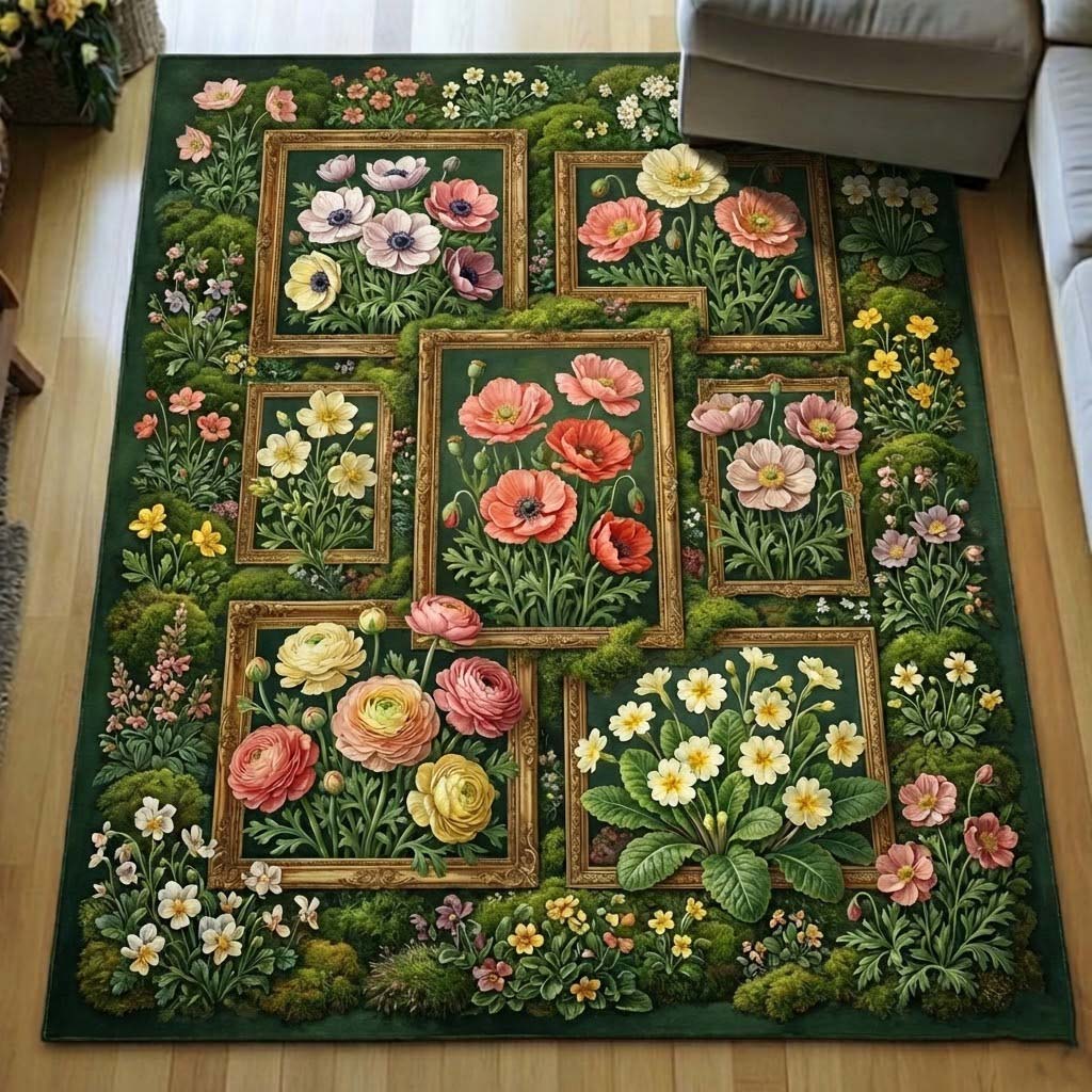 Mossy Flowers area rug in a living room