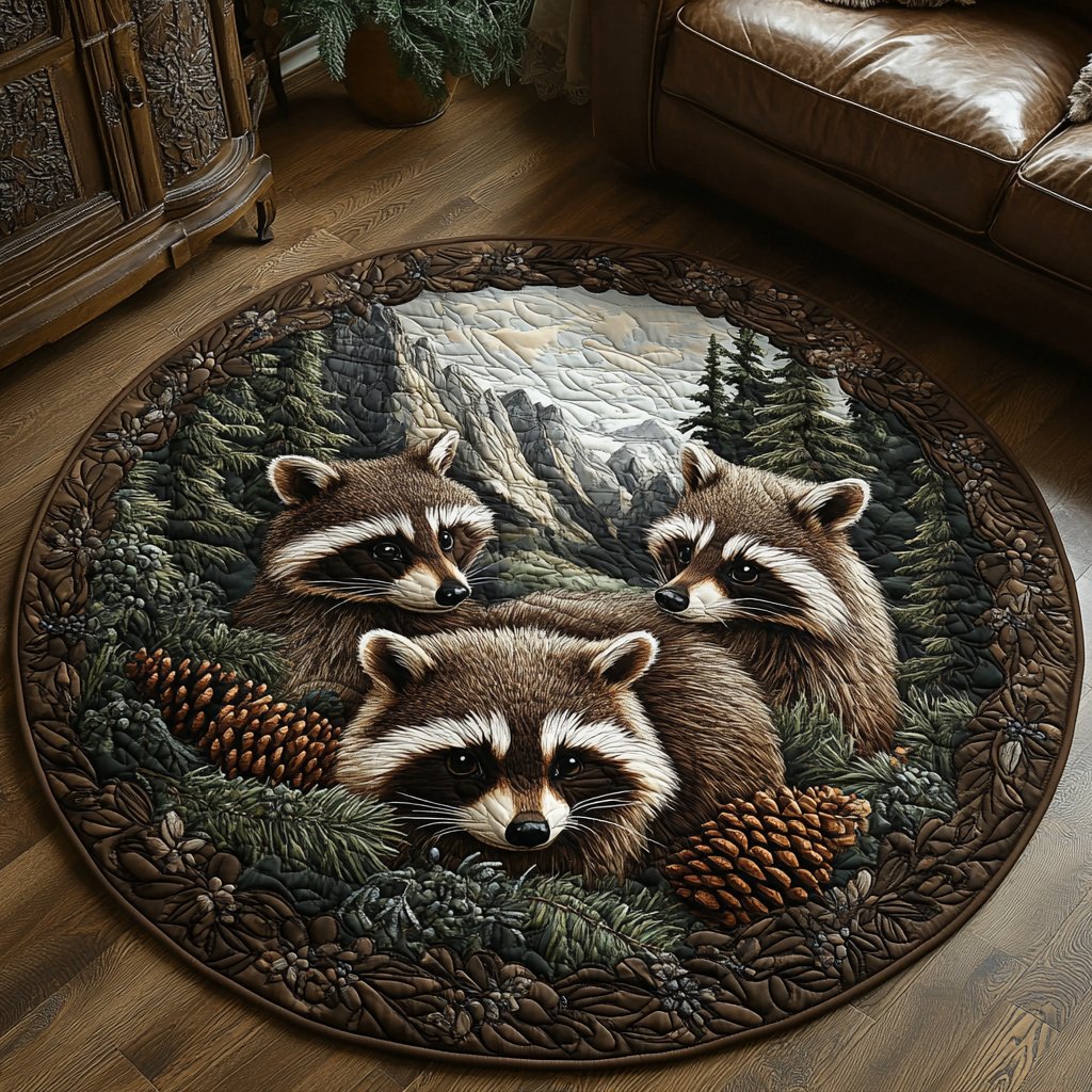 Mossy Hollow Raccoon Round Mat Rug - washable non-slip printed rug