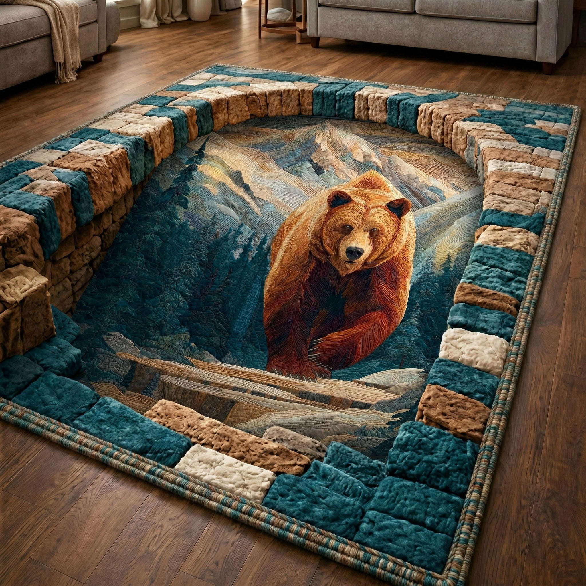 Mountain Bear area rug in a living room