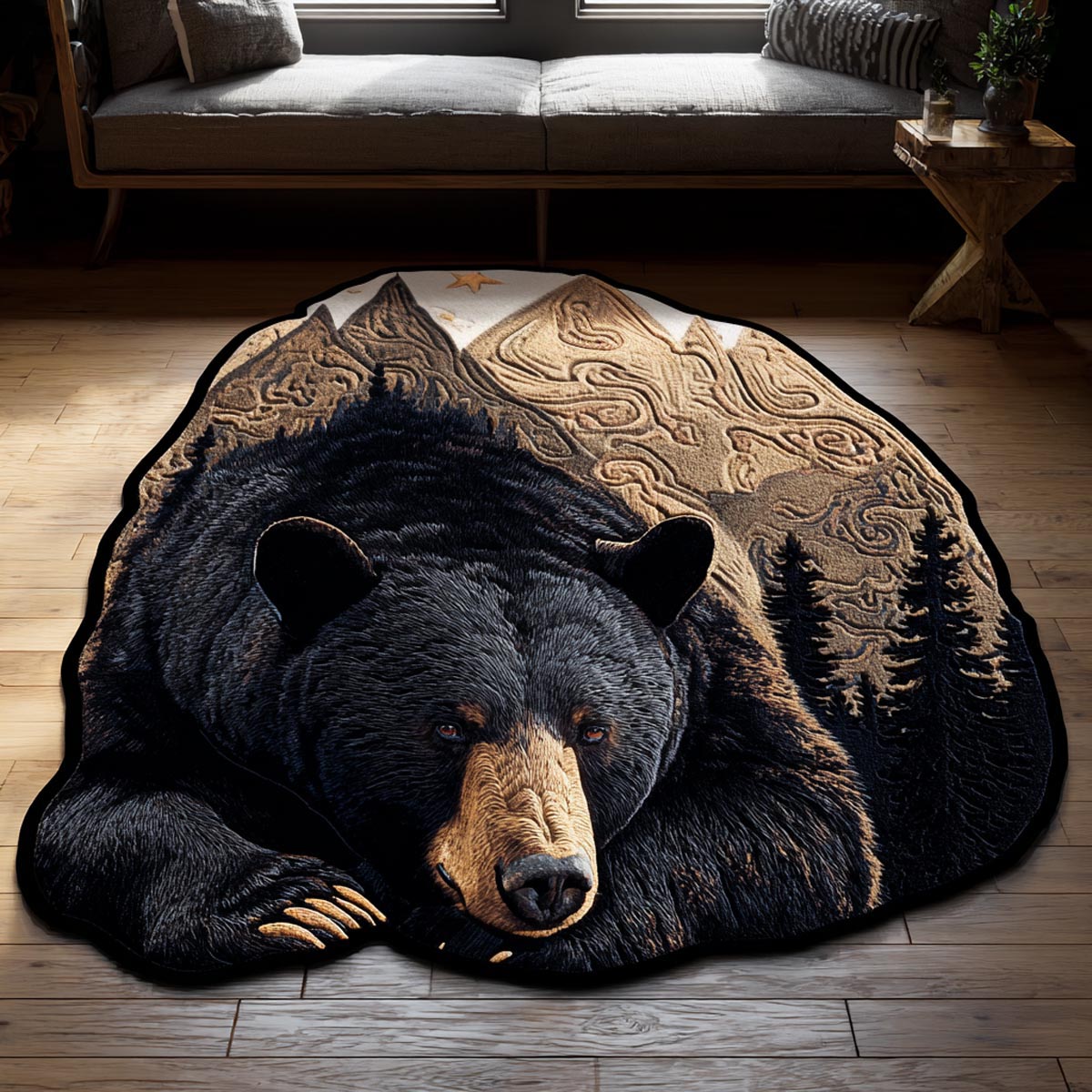 Mountain Bear Custom Shape Area Rug - Cute Animal Design | Die-Cut Non-Slip Rug - washable non-slip printed rug