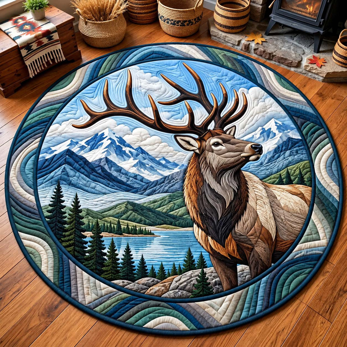 Mountain Elk Wilderness Round Mat Rug - Nature Design | Serene Home Decor - washable non-slip printed rug