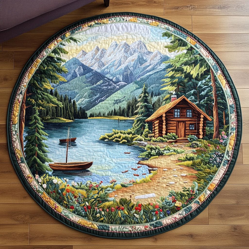 Mountain Lake Round Mat Rug - washable non-slip printed rug