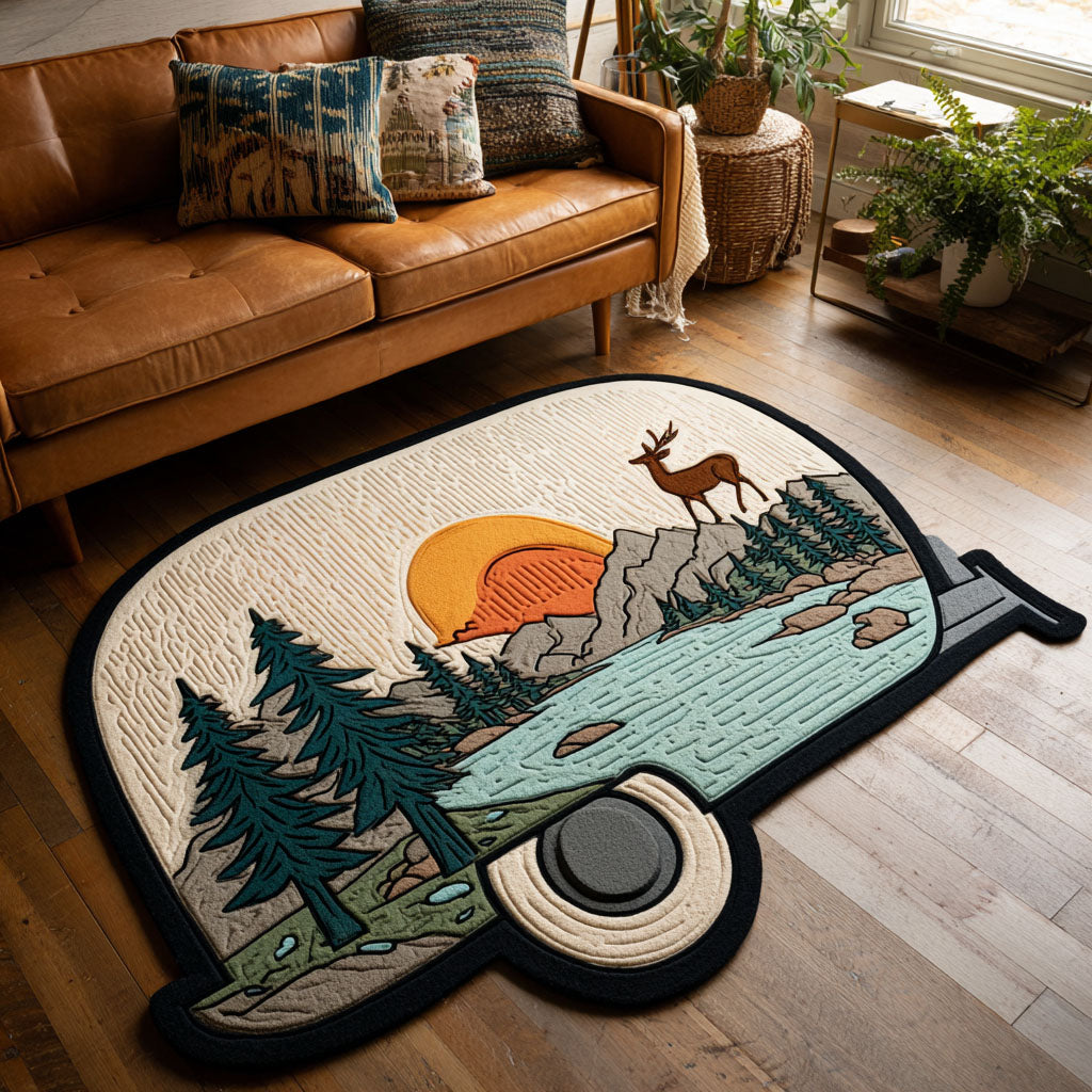 Mountain Trailer Sunset Custom Shape Area Rug - Nature Design | Die-Cut Non-Slip Rug - washable non-slip printed rug
