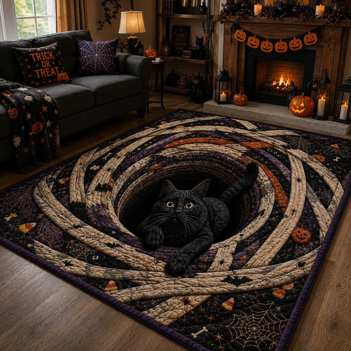 Mummy Whiskers area rug in a living room