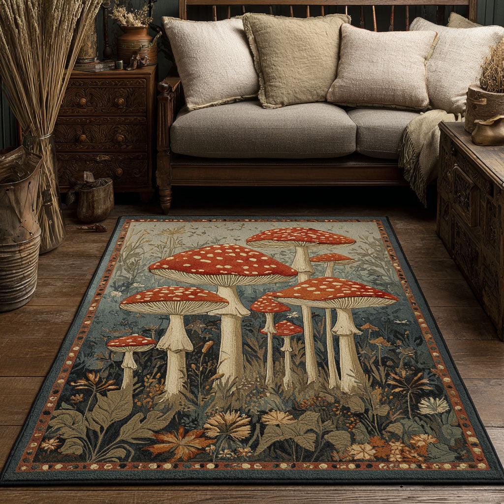 Mushroom Field area rug in a living room