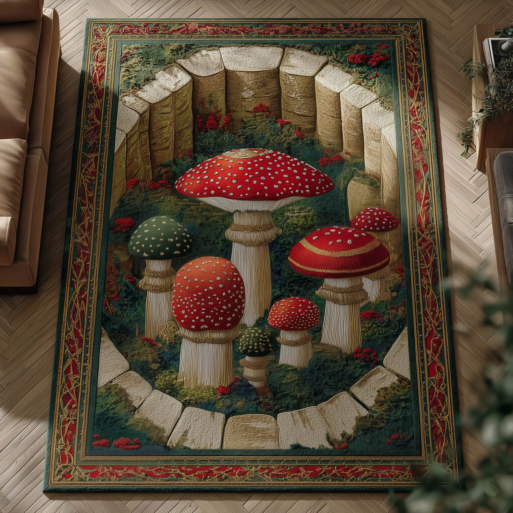 Mushroom Garden area rug in a living room