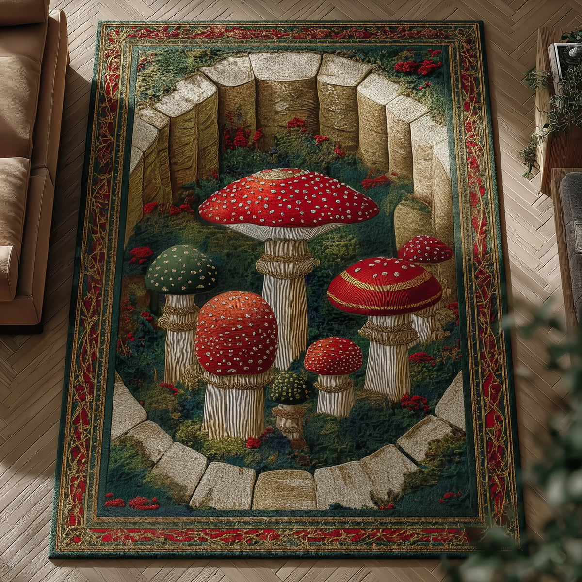 Mushroom Garden area rug in a living room