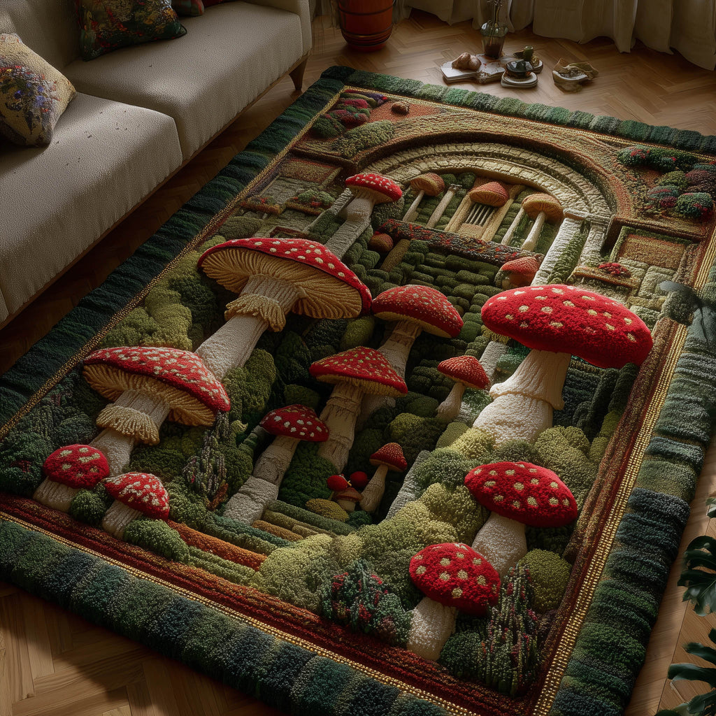 Mushroom Garden area rug in a living room