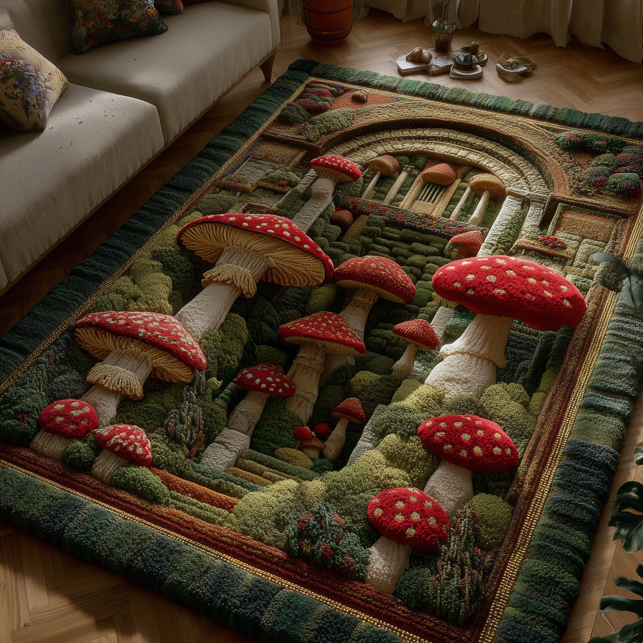 Mushroom Garden area rug in a living room