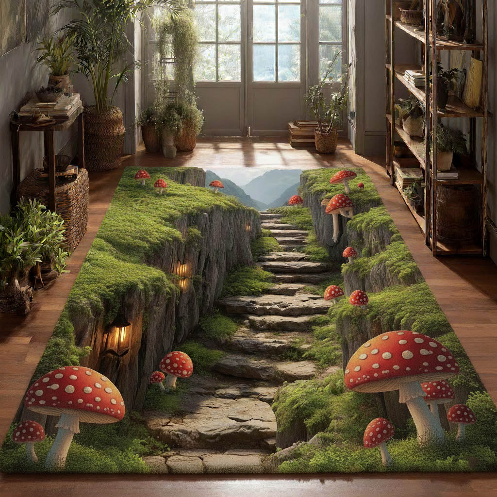 Mushroom Garden area rug in a living room