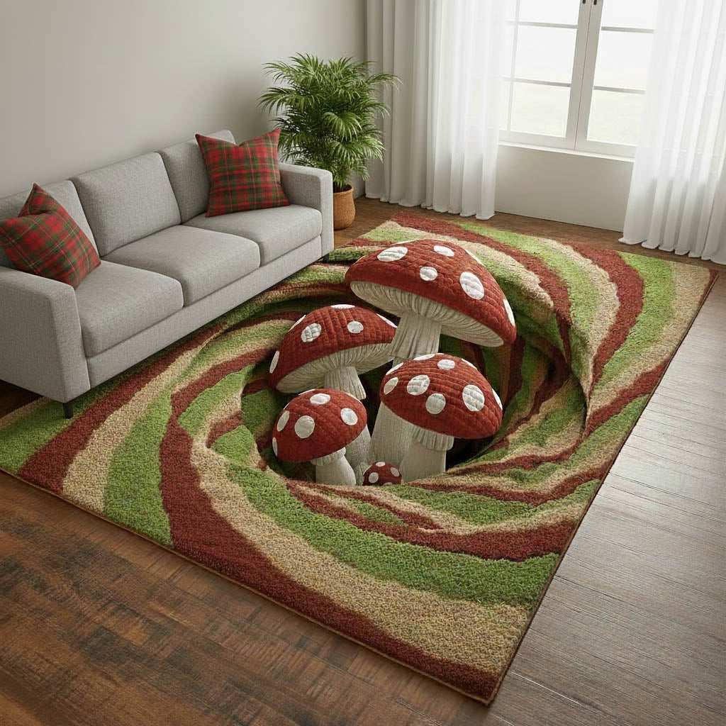 Mushroom Garden area rug in a living room