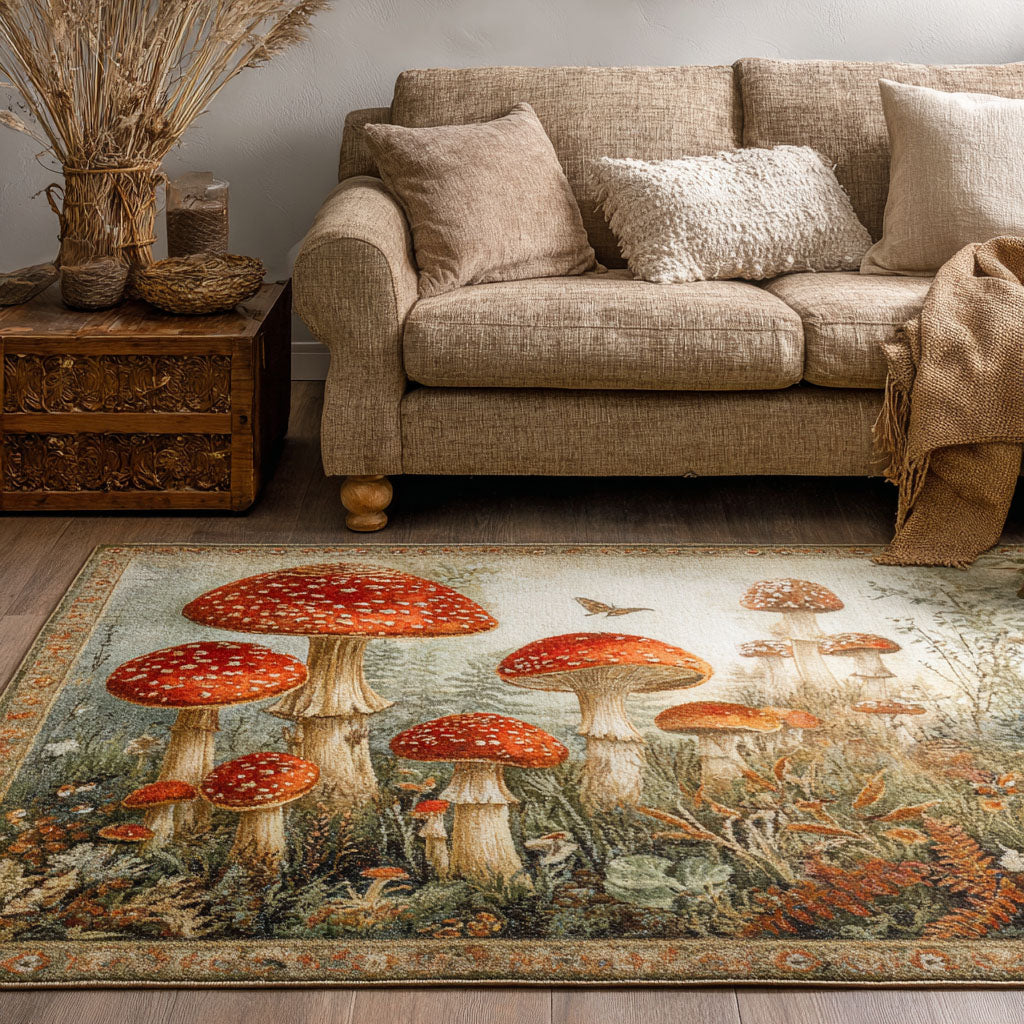 Mushroom Garden area rug in a living room