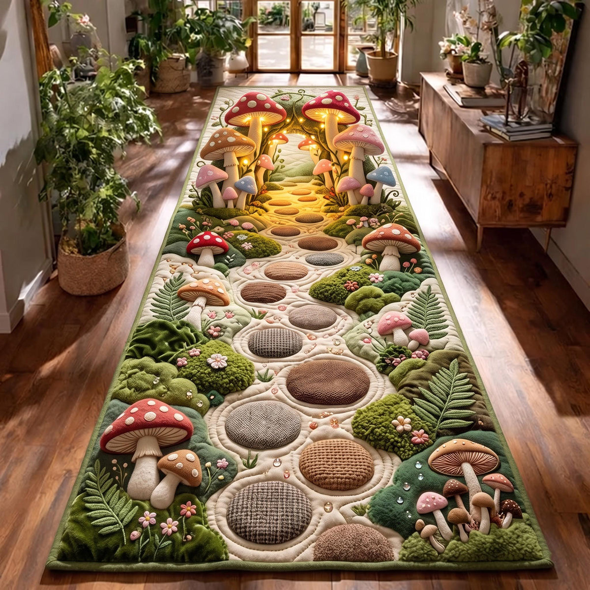 Mushroom Garden Path Runner Rug - Nature Design | Serene Runner Rug - washable non-slip printed rug