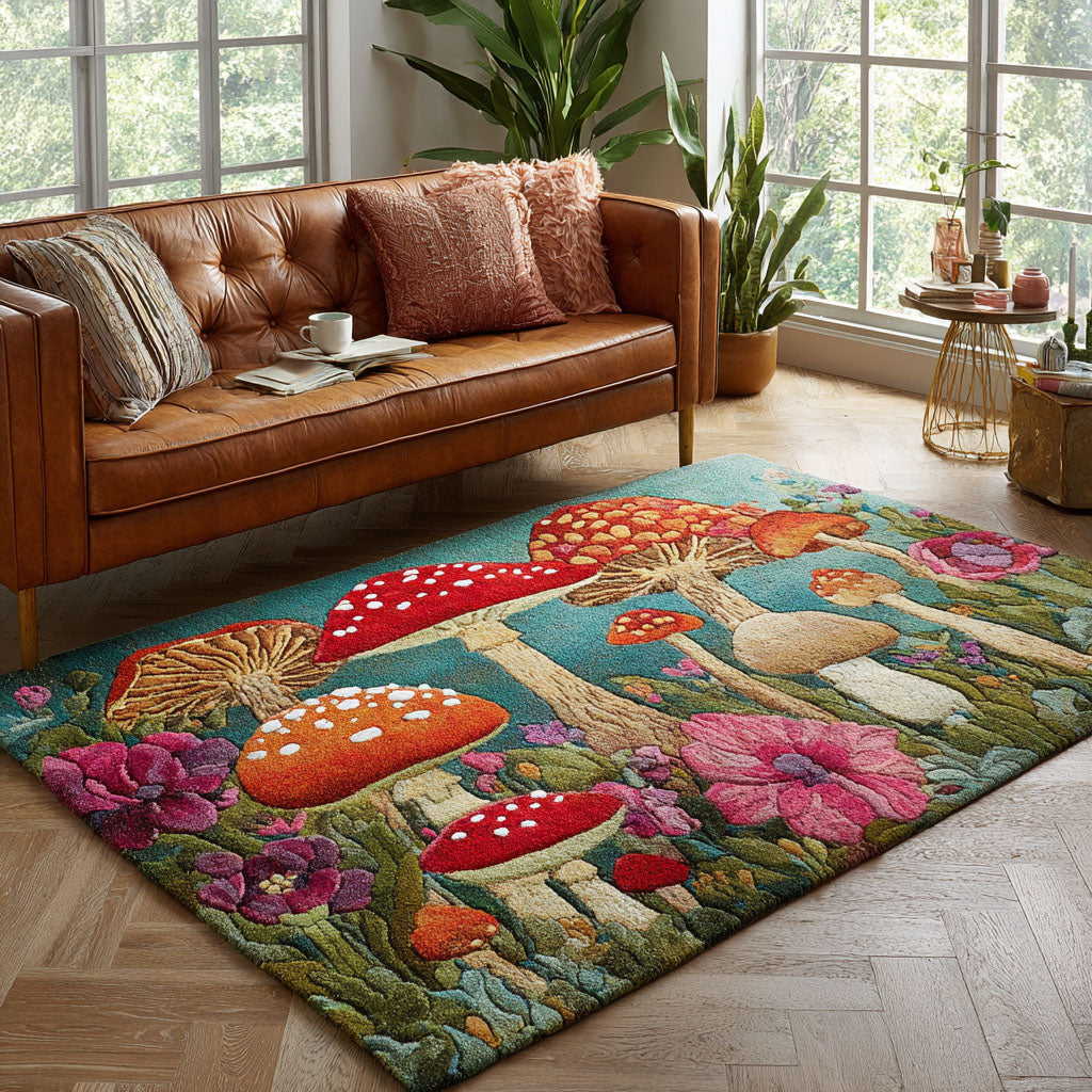 Mushroom Glow area rug in a living room