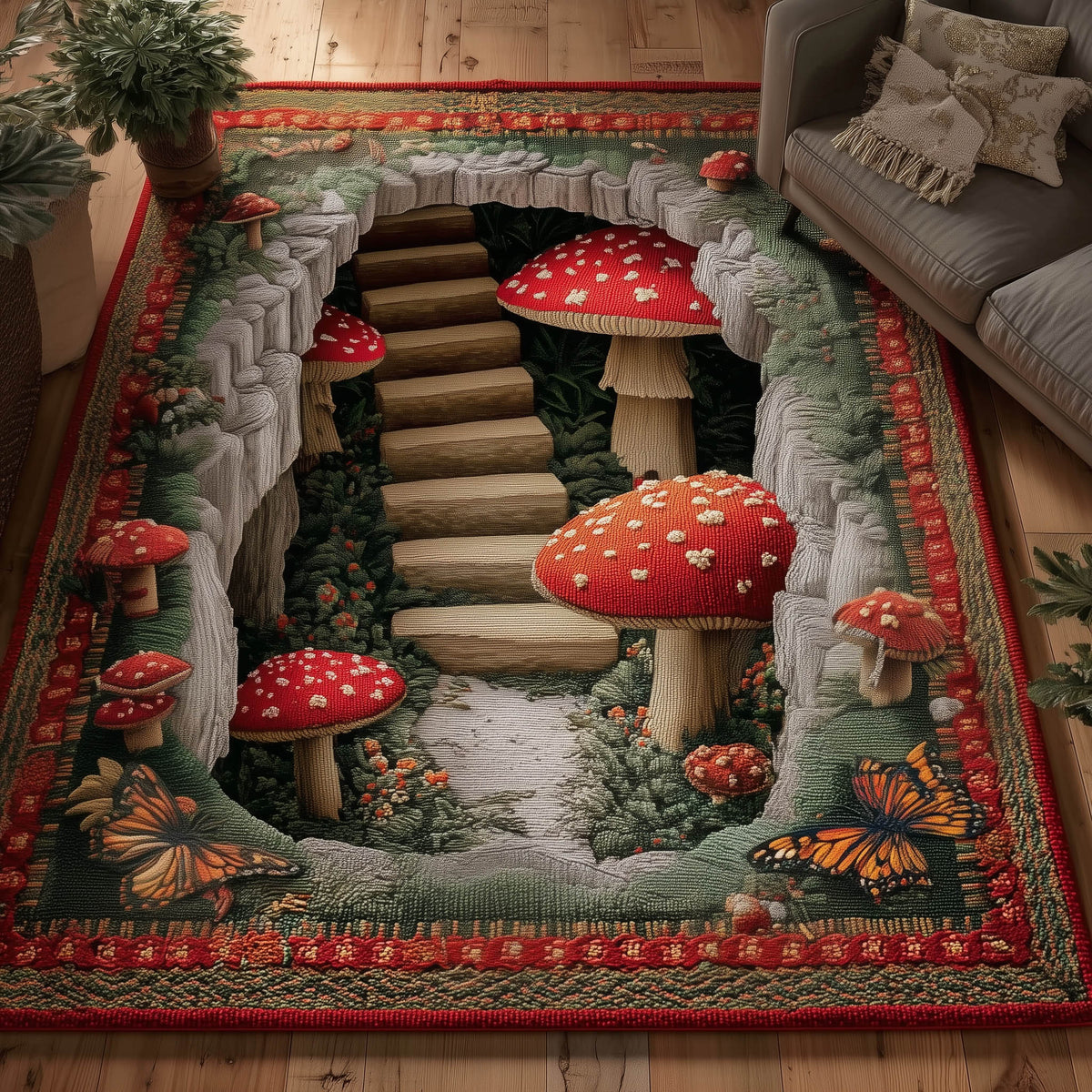 Mushroom Meadow area rug in a living room