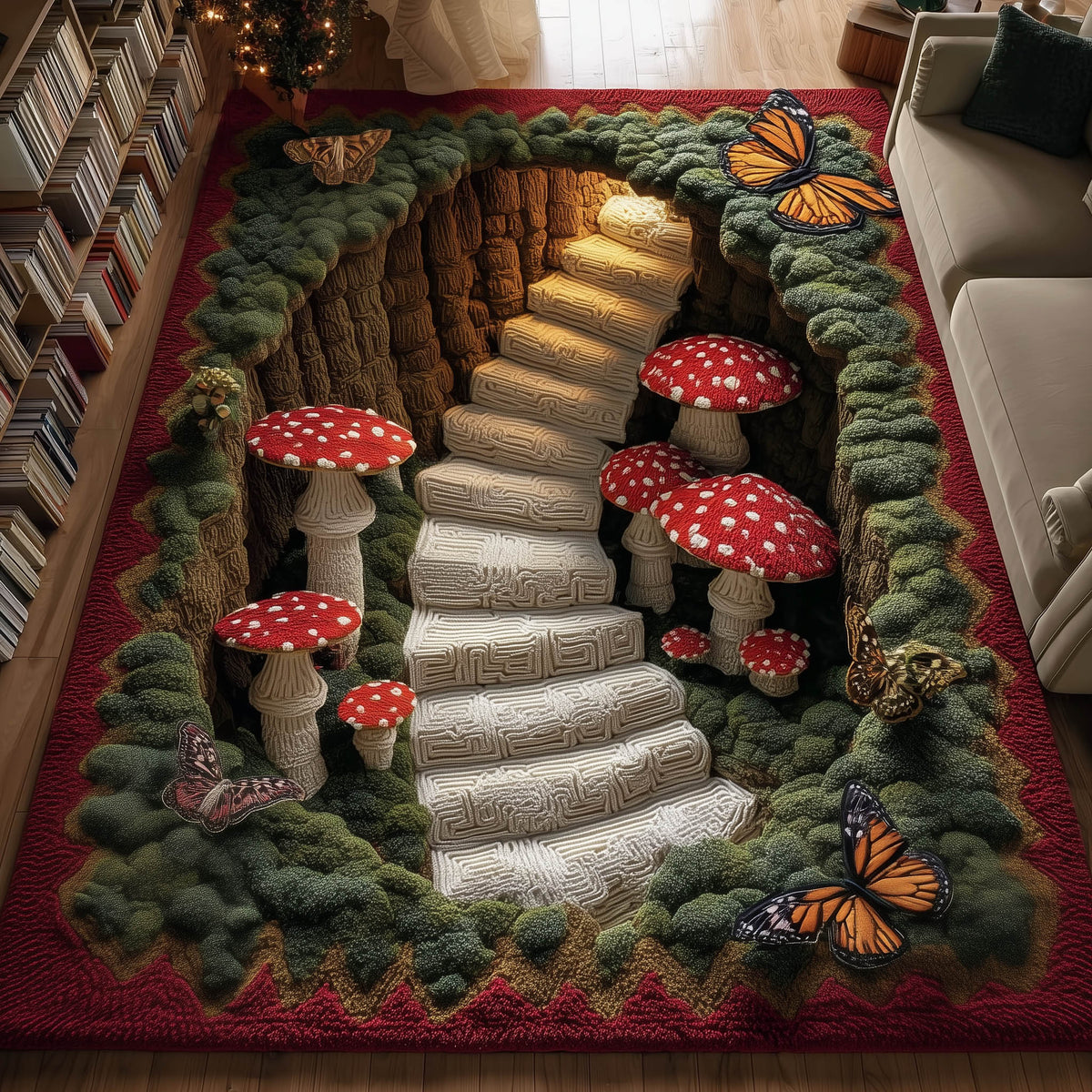 Mushroom Meadow area rug in a living room