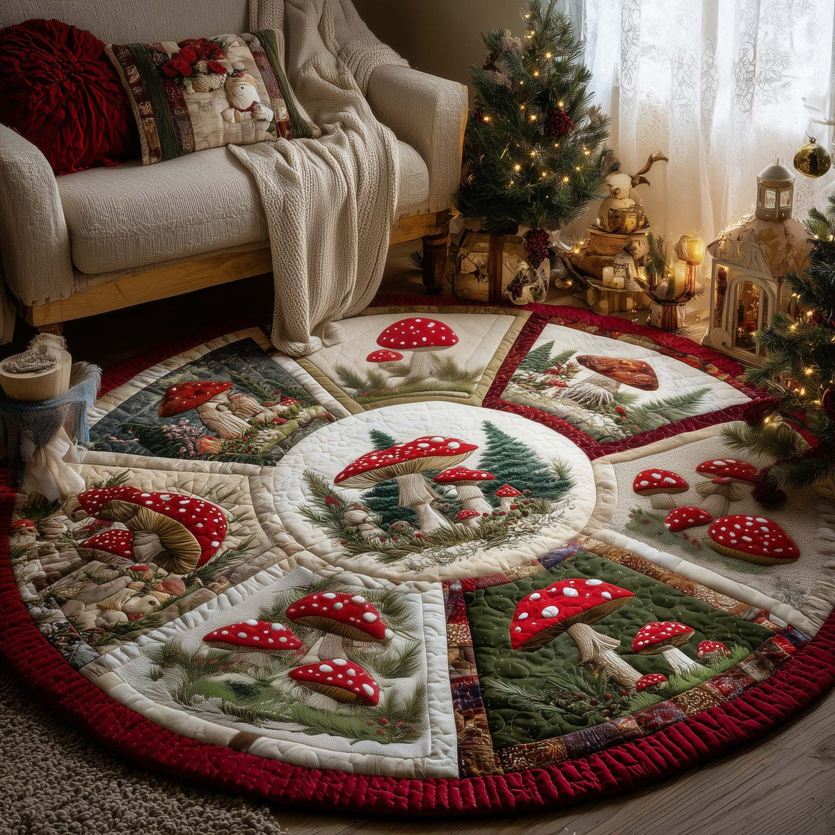 Mushroom Patch Round Mat Rug - washable non-slip printed rug