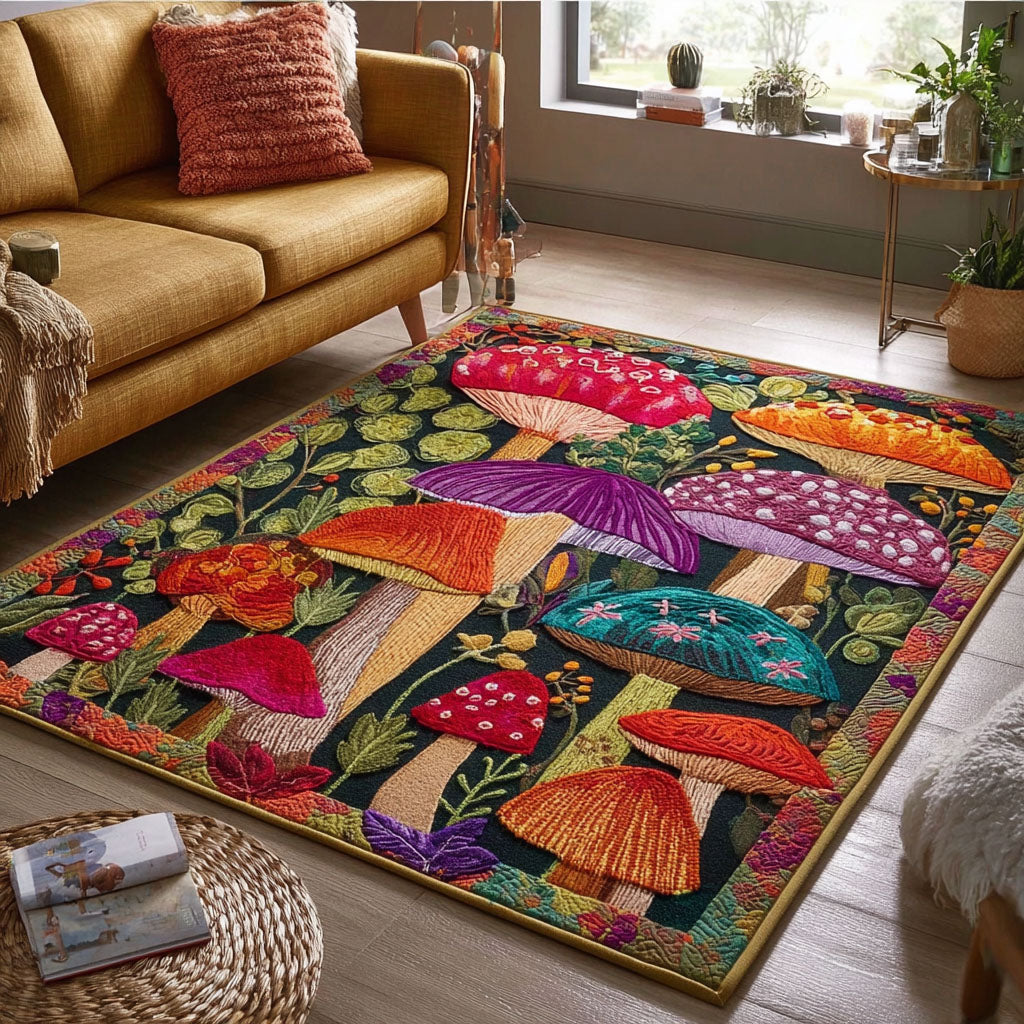 Mushroom Path area rug in a living room