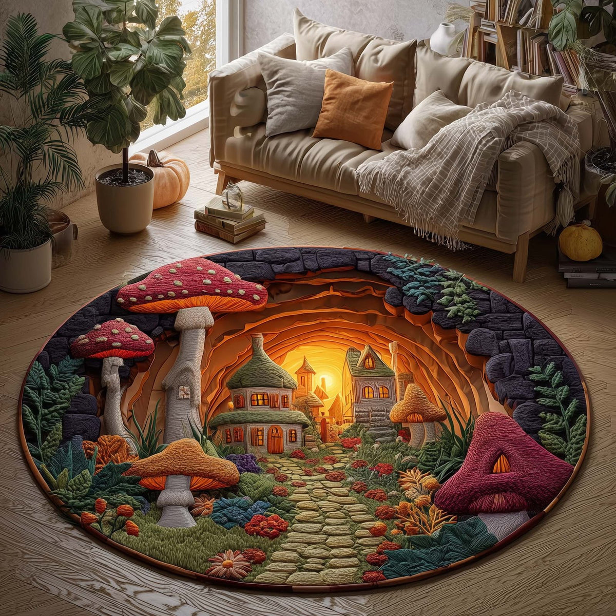 Mushroom (Design 18) Round Mat Rug - washable non-slip printed rug