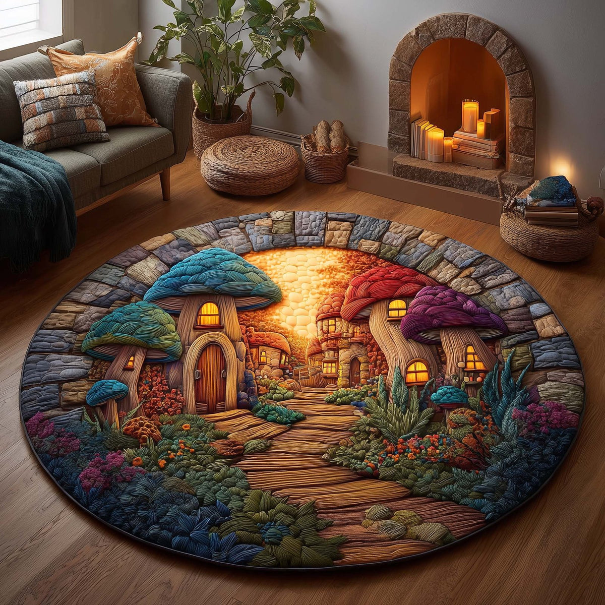 Mushroom (Design 21) Round Mat Rug - washable non-slip printed rug