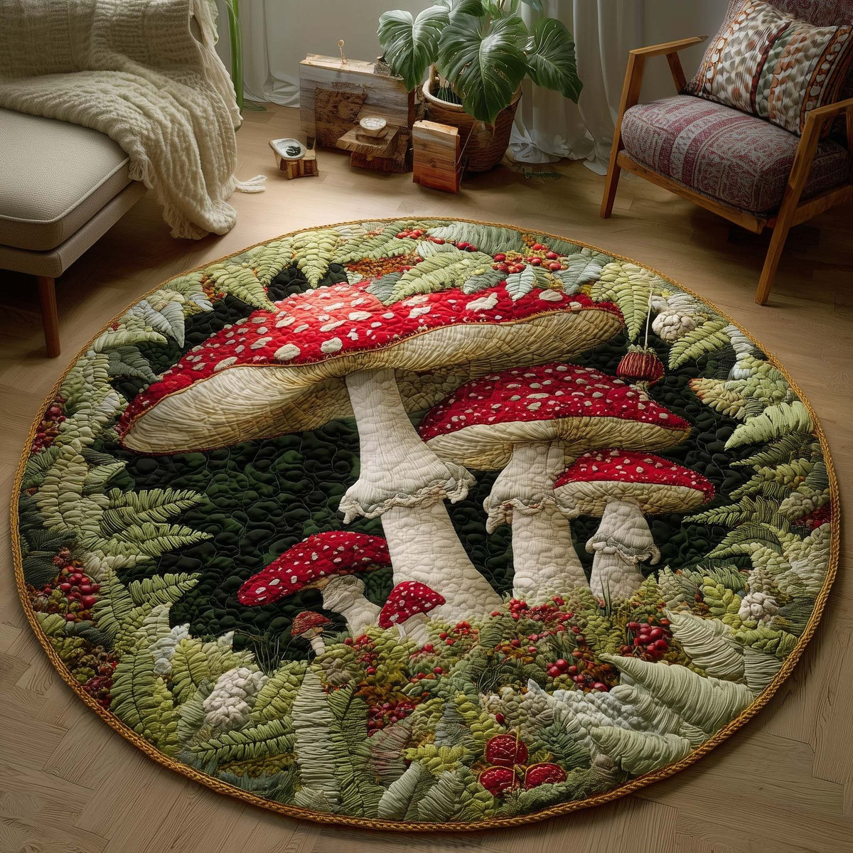 Mushroom (Design 19) Round Mat Rug - washable non-slip printed rug