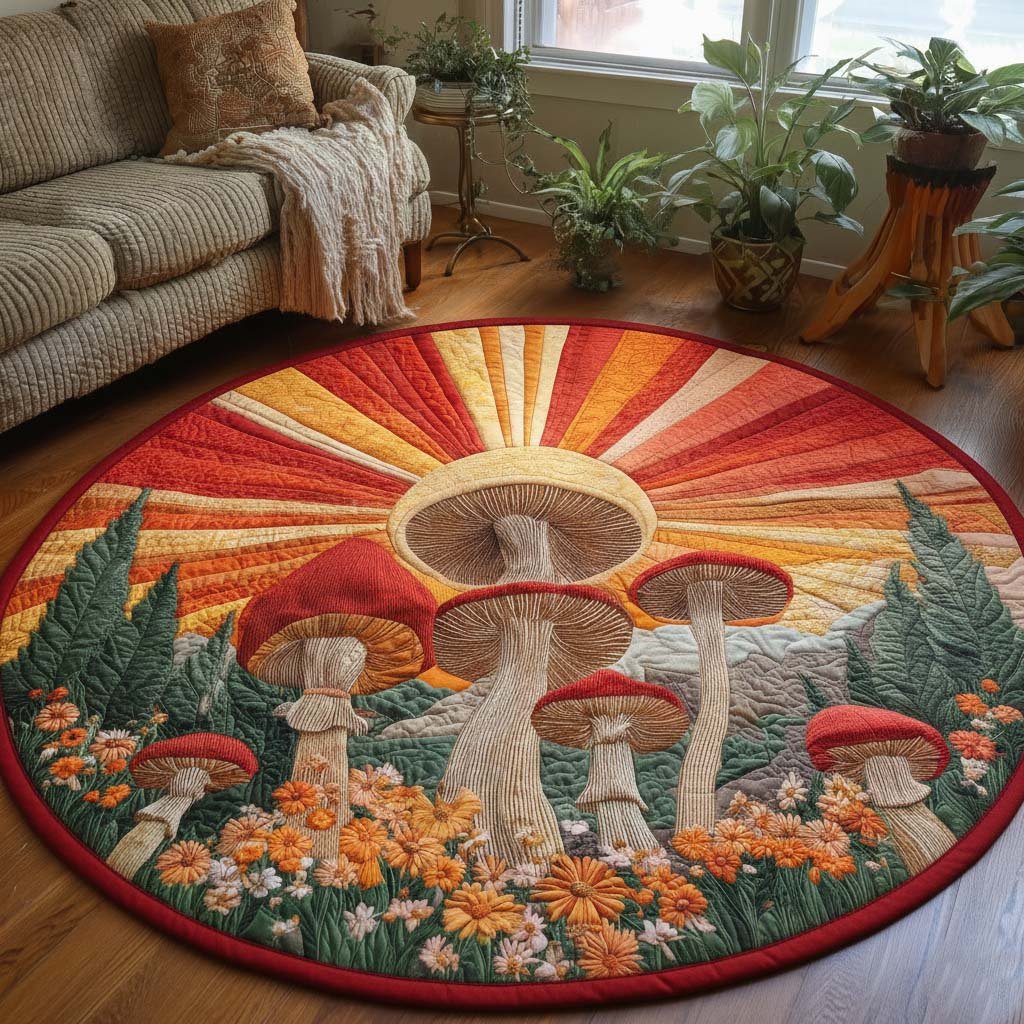 Mushroom Serenity (Design 5) Round Mat Rug - washable non-slip printed rug