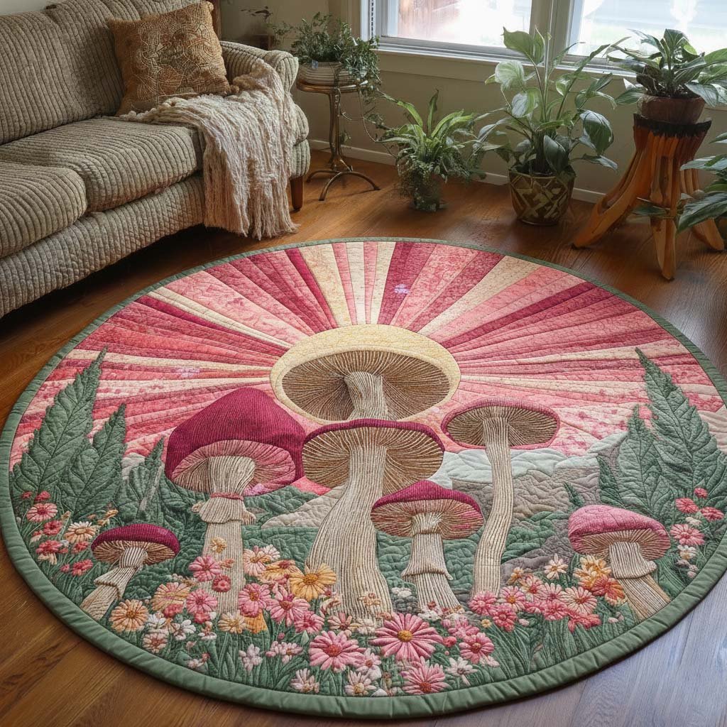 Mushroom Serenity Round Mat Rug - washable non-slip printed rug