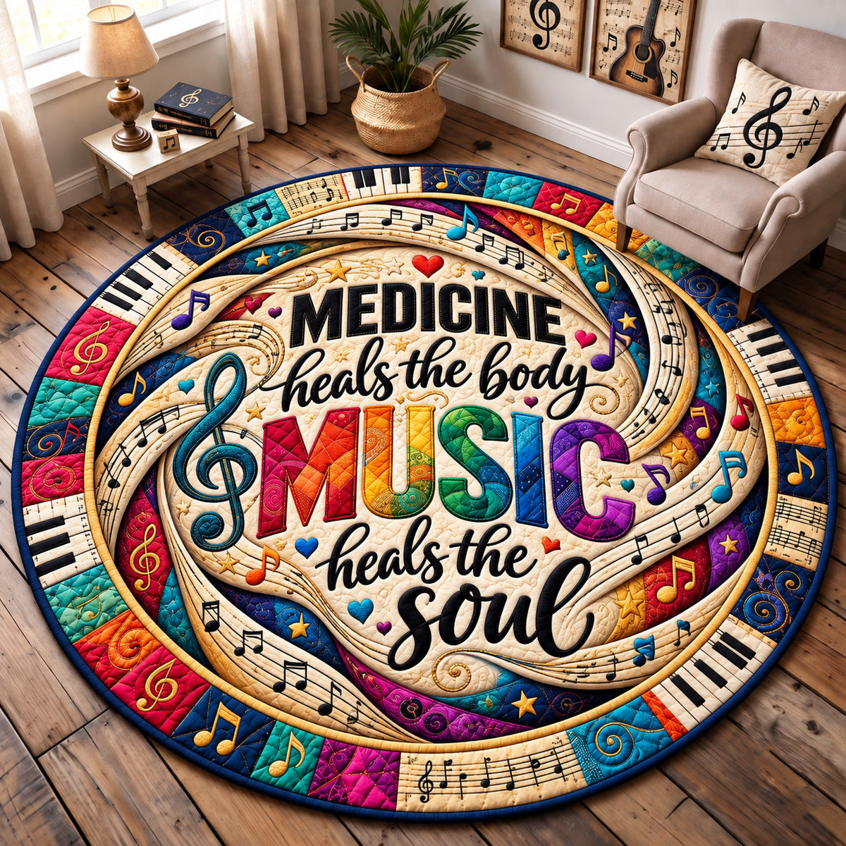 Music Heals The Soul Round Mat Rug - Nature Design | Serene Home Decor - washable non-slip printed rug