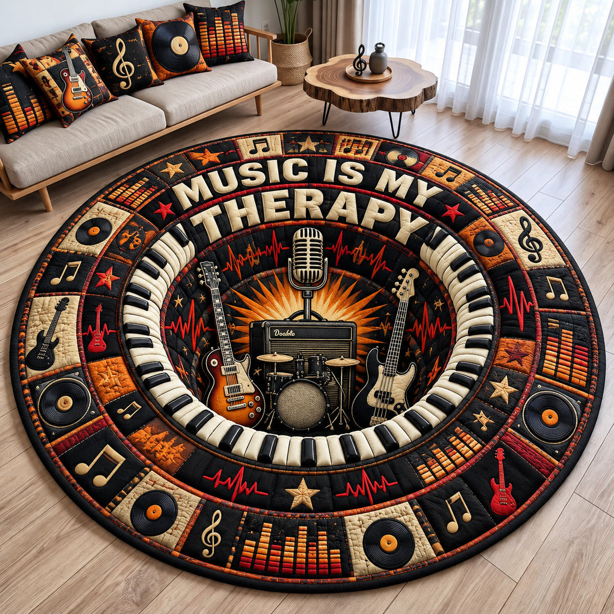 Music Is My Therapy Round Mat Rug - Nature Design | Serene Home Decor - washable non-slip printed rug
