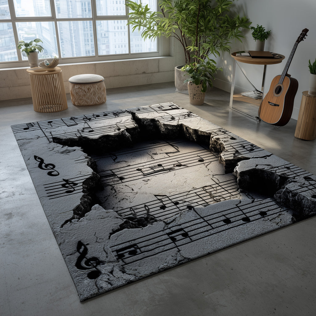 Music notes area rug in a living room
