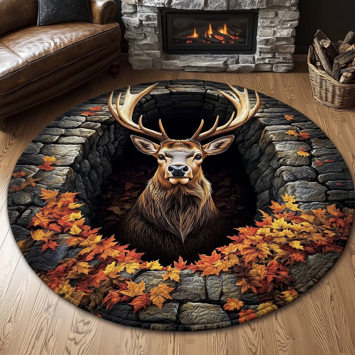 Mystic Autumn Deer Round Mat Rug - washable non-slip printed rug