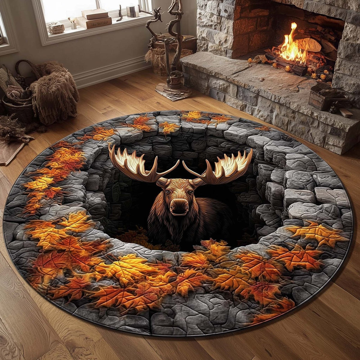 Mystic Autumn Moose Round Mat Rug - Nature Design | Serene Home Decor