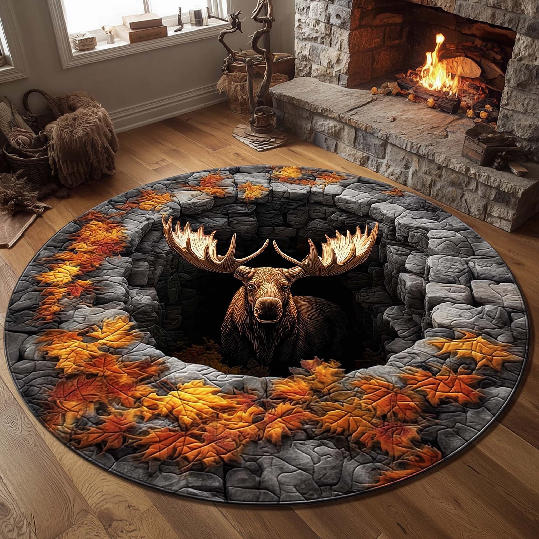 Mystic Autumn Moose Round Mat Rug GFTOHD11567