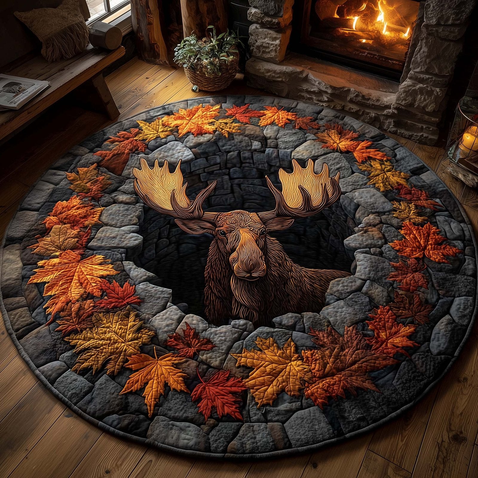 Mystic Autumn Moose Round Mat Rug - Nature Design | Serene Home Decor