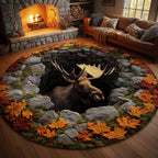 Mystic Autumn Moose Round Mat Rug - washable non-slip printed rug